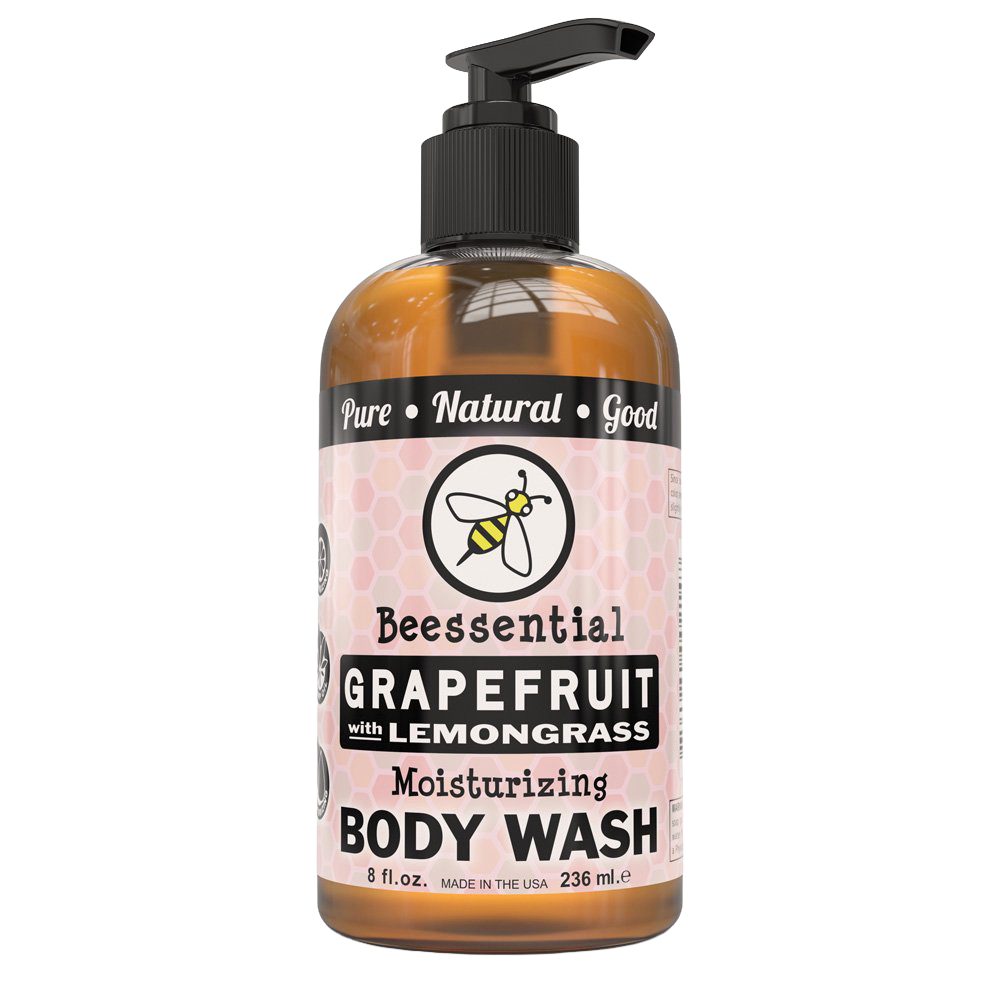 8 oz amber pump bottle of moisturizing body wash with grapefruit and lemongrass, made with natural ingredients, handcrafted in USA, featured in Health & Wellness, Soaps, USA Made, and Best Sellers collections