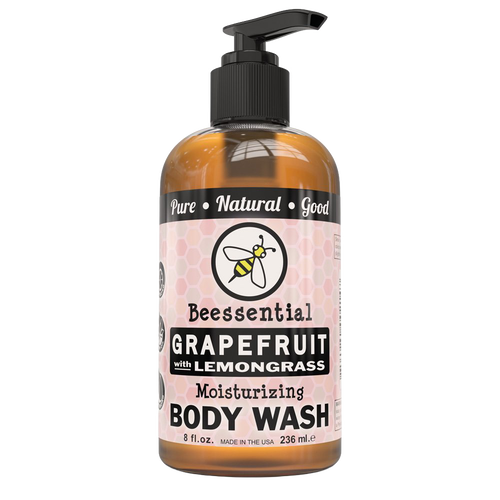 8 oz amber pump bottle of moisturizing body wash with grapefruit and lemongrass, made with natural ingredients, handcrafted in USA, featured in Health & Wellness, Soaps, USA Made, and Best Sellers collections