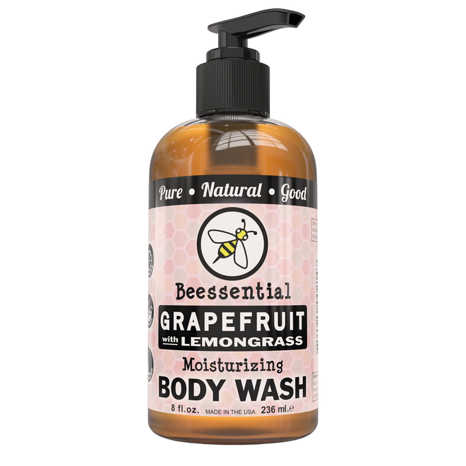 8 oz amber pump bottle of moisturizing body wash with grapefruit and lemongrass, made with natural ingredients, handcrafted in USA, featured in Health & Wellness, Soaps, USA Made, and Best Sellers collections