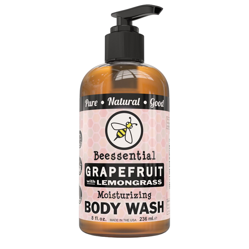 8 oz amber pump bottle of moisturizing body wash with grapefruit and lemongrass, made with natural ingredients, handcrafted in USA, featured in Health & Wellness, Soaps, USA Made, and Best Sellers collections