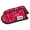 Pair of red paisley-patterned kitchen handle pads with black trim and a Lodge logo tag, designed for cast iron cookware, featured in Kitchen & Food, Cookware, Cast Iron, and Best Sellers collections.