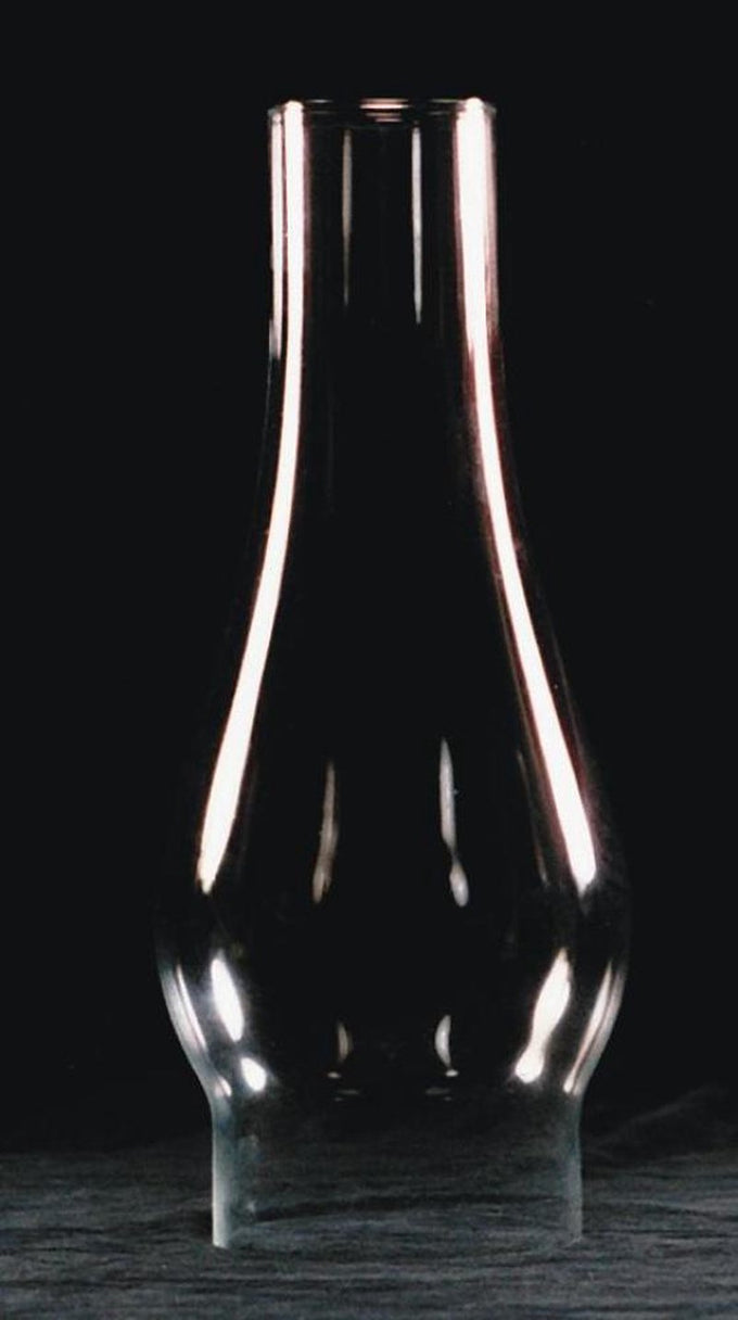 Handblown clear glass oil lamp chimney with a 4-inch base and gently curved shape, suitable for lamps & lighting, chimneys and globes, parts and accessories collections.