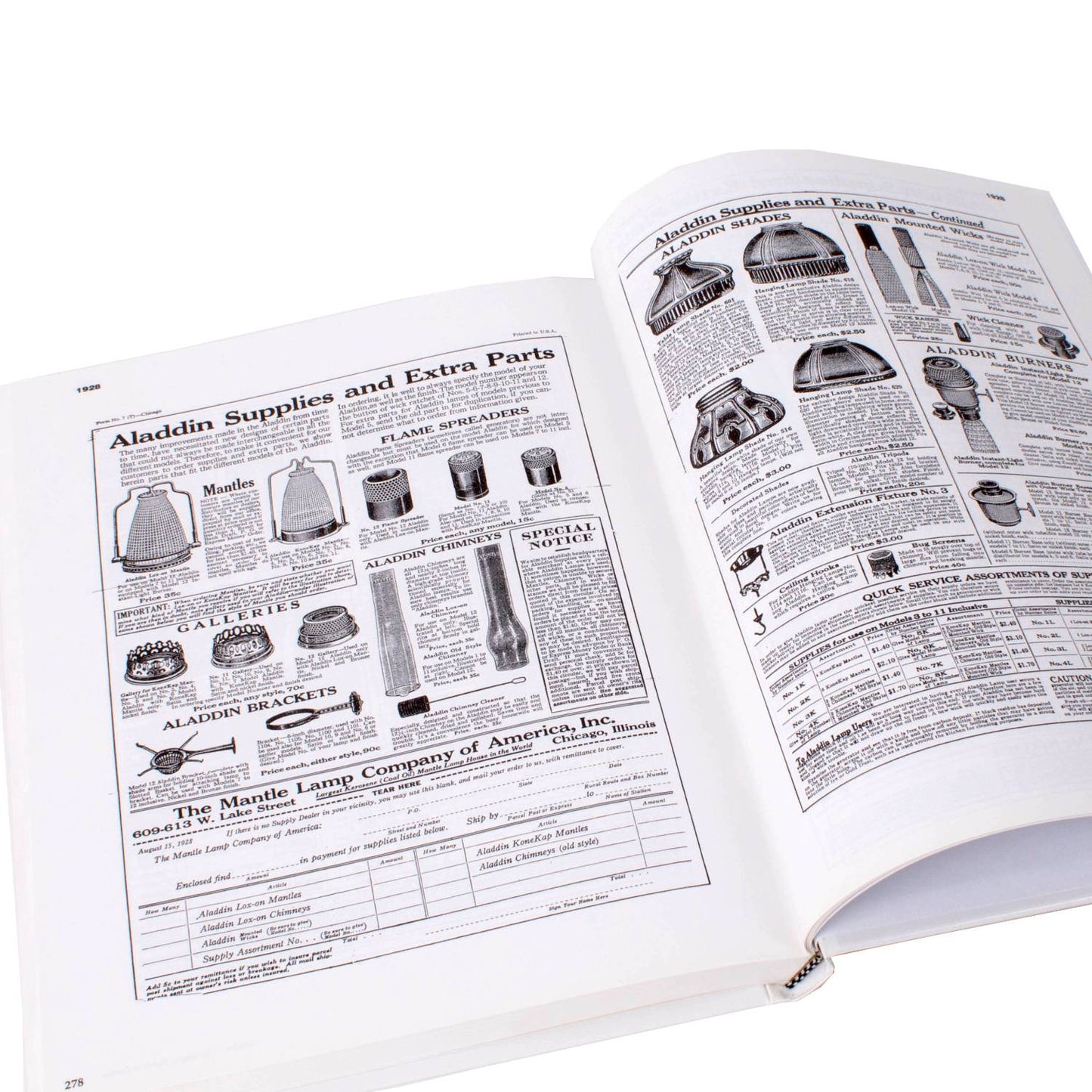 Open hardcover book showing black and white vintage catalog pages featuring detailed Aladdin lamp parts and accessories, ideal for Toys, Books & Games and Heritage and Lifestyle Books collections.