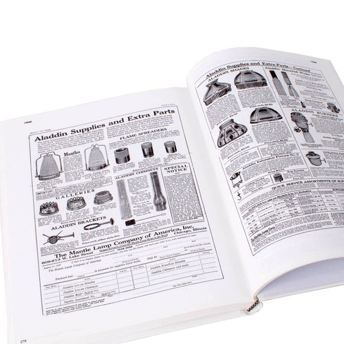 Open hardcover book showing black and white vintage catalog pages featuring detailed Aladdin lamp parts and accessories, ideal for Toys, Books & Games and Heritage and Lifestyle Books collections.