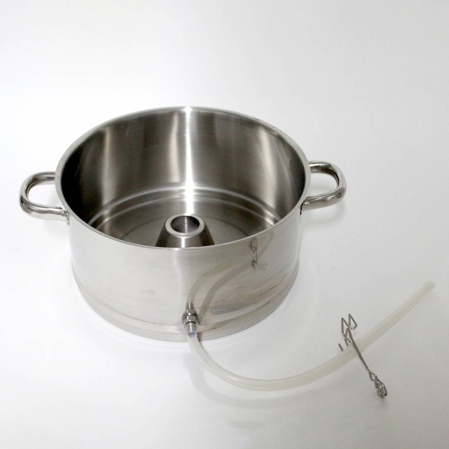 Stainless steel 11 qt steam juicer base with leak-proof spout, side handles, and central fruit basket insert, designed for stovetop use in Kitchen & Food and Juicers and Steamers collections.