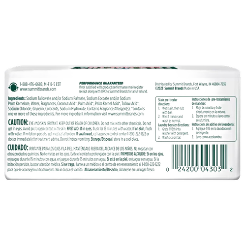 Back of a handcrafted laundry soap bar with ingredient list, usage instructions, caution warnings, and a barcode, made in USA and featured in Home & Decor, Laundry Supplies, and Best Sellers collections.