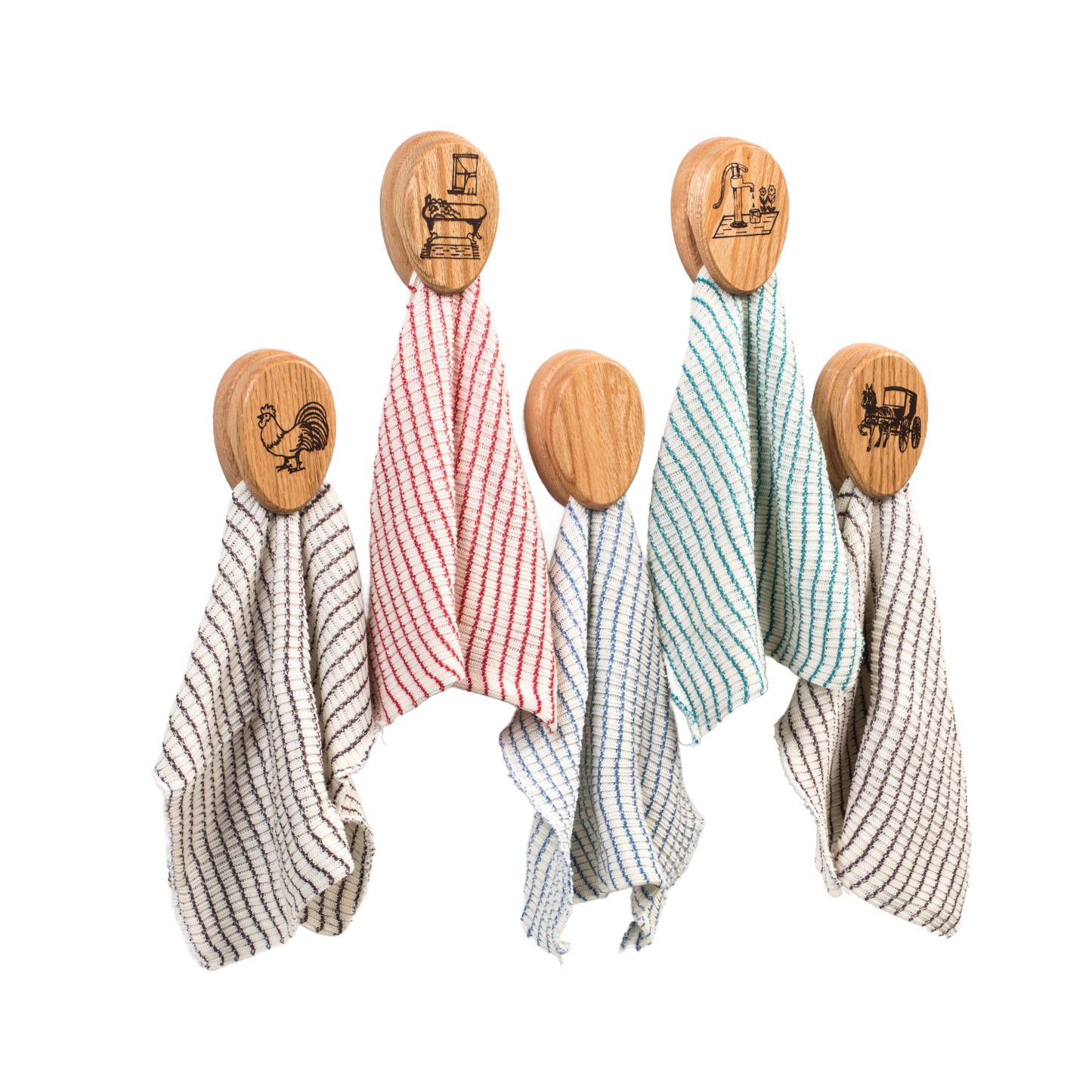 Set of handcrafted oak towel holders with protective clear finish, each featuring unique rustic engravings including a rooster, old sewing machine, water pump, and horse-drawn buggy, ideal for Home & Decor, Household Helpers, USA Made, Amish Made, Best Sellers, and Promo Eligible collections.