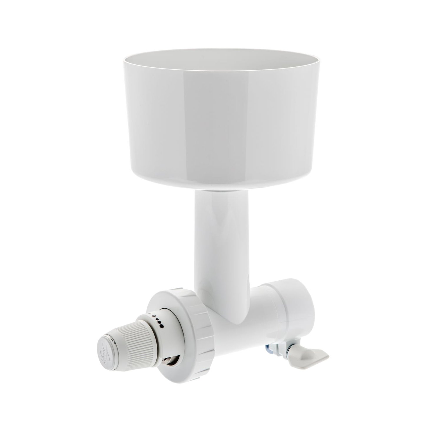 White grain mill attachment designed to fit an Ankarsrum stand mixer, featuring an adjustable control knob for coarseness, ideal for Kitchen & Food, Baking Supplies, Grain Mills, and Bread Making collections.