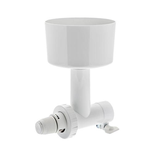 White grain mill attachment designed to fit an Ankarsrum stand mixer, featuring an adjustable control knob for coarseness, ideal for Kitchen & Food, Baking Supplies, Grain Mills, and Bread Making collections.