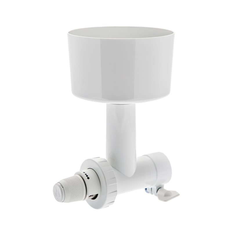 White grain mill attachment designed to fit an Ankarsrum stand mixer, featuring an adjustable control knob for coarseness, ideal for Kitchen & Food, Baking Supplies, Grain Mills, and Bread Making collections.
