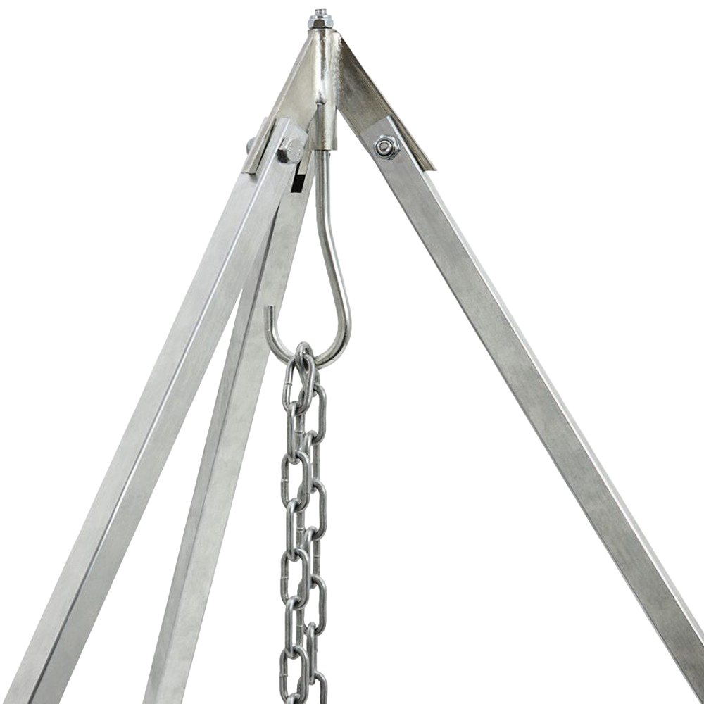 Sturdy metal outdoor cooking tripod with adjustable chain and hook for suspending cookware, designed for camping and farm use, featured in Best Sellers and Promo Eligible collections.