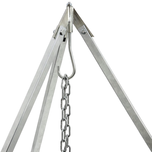 Sturdy metal outdoor cooking tripod with adjustable chain and hook for suspending cookware, designed for camping and farm use, featured in Best Sellers and Promo Eligible collections.