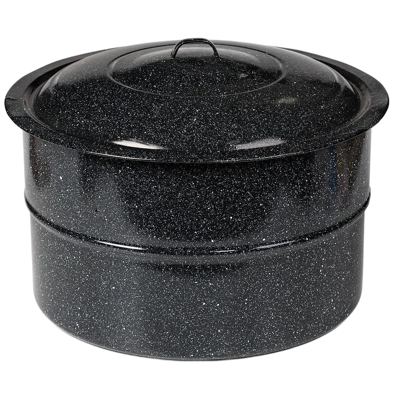 Large black speckled enamel-on-steel canner with a fitted lid and loop handle, designed for home water bath canning and cooking, featured in Kitchen & Food, Canning, and Food Preservation collections.