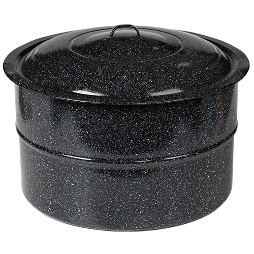 Large black speckled enamel-on-steel canner with a fitted lid and loop handle, designed for home water bath canning and cooking, featured in Kitchen & Food, Canning, and Food Preservation collections.