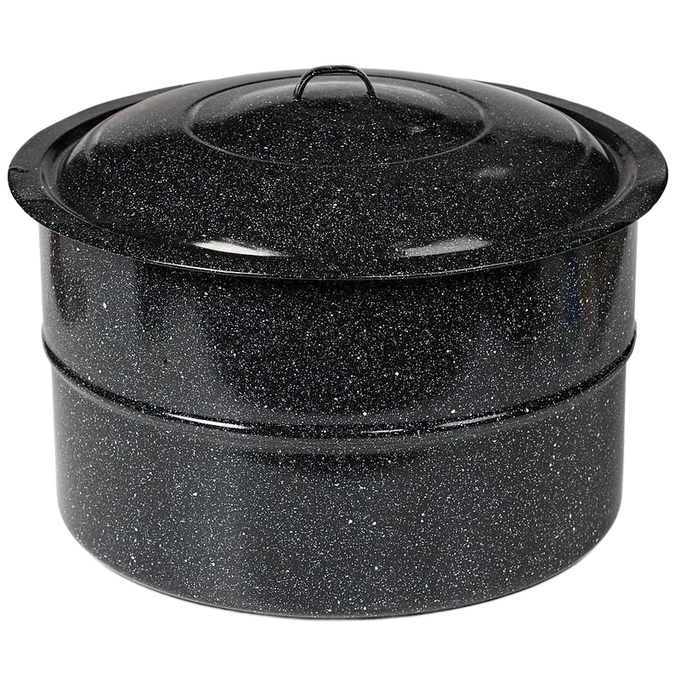 Large black speckled enamel-on-steel canner with a fitted lid and loop handle, designed for home water bath canning and cooking, featured in Kitchen & Food, Canning, and Food Preservation collections.