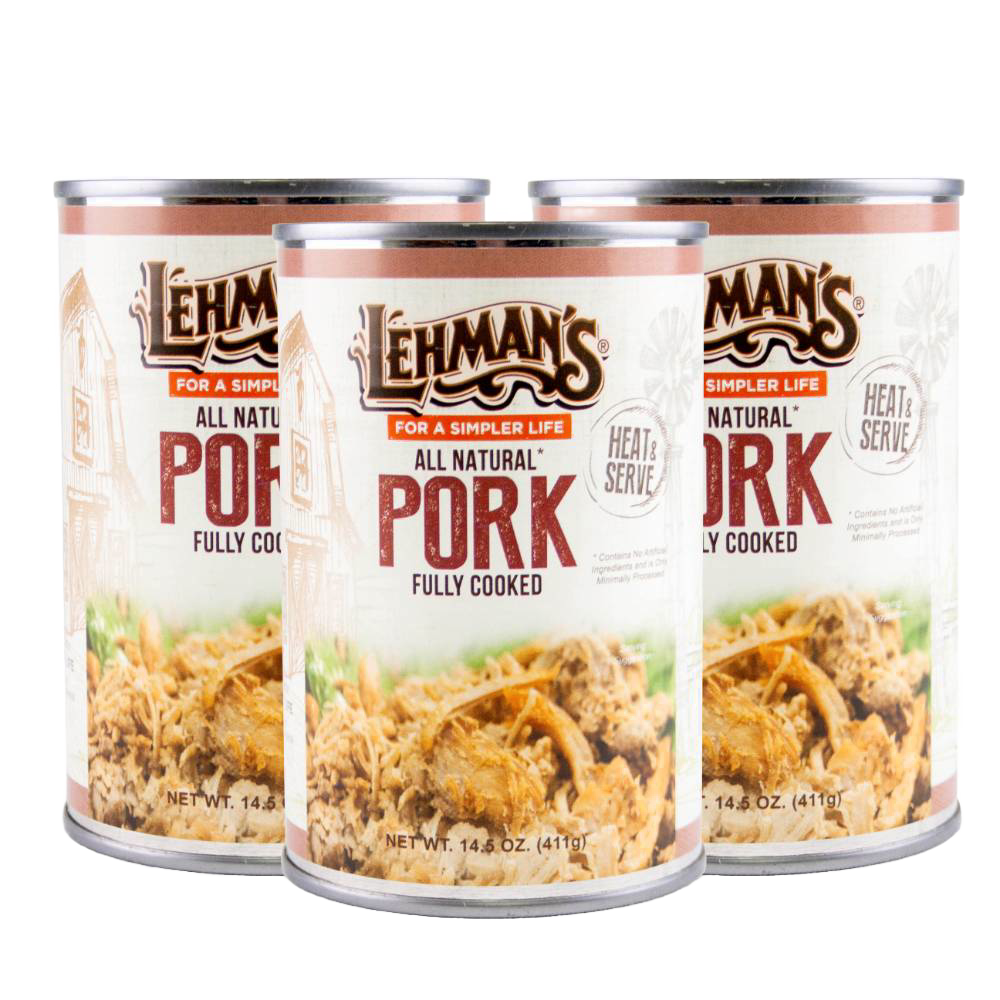 Three handcrafted cans of Lehman's all-natural pork featuring fully cooked, heat-and-serve meat, ideal for Farm, Garden & Tool, Kitchen & Food, Emergency Supplies, and Meats collections.