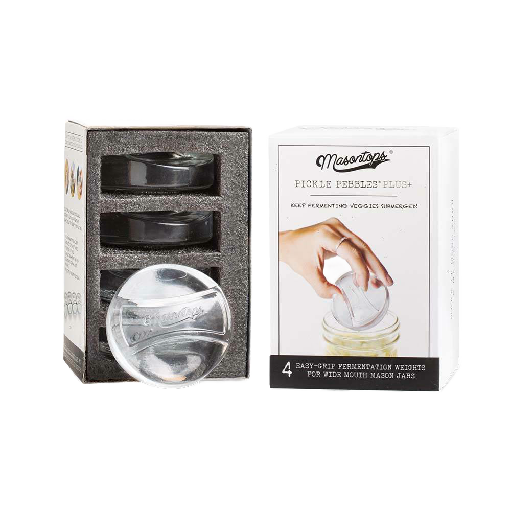 Set of four clear, food-safe glass fermentation weights designed to keep vegetables submerged in wide-mouth jars, handmade and dishwasher safe, ideal for Kitchen & Food and Food Preservation collections.