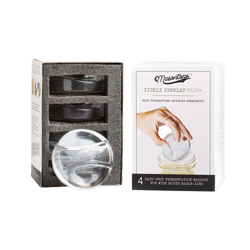 Set of four clear, food-safe glass fermentation weights designed to keep vegetables submerged in wide-mouth jars, handmade and dishwasher safe, ideal for Kitchen & Food and Food Preservation collections.