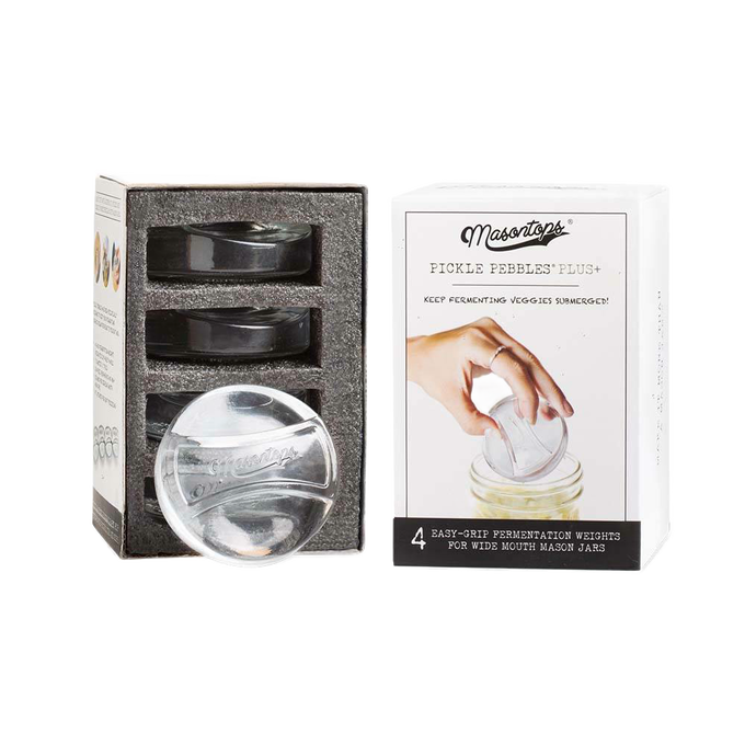 Set of four clear, food-safe glass fermentation weights designed to keep vegetables submerged in wide-mouth jars, handmade and dishwasher safe, ideal for Kitchen & Food and Food Preservation collections.