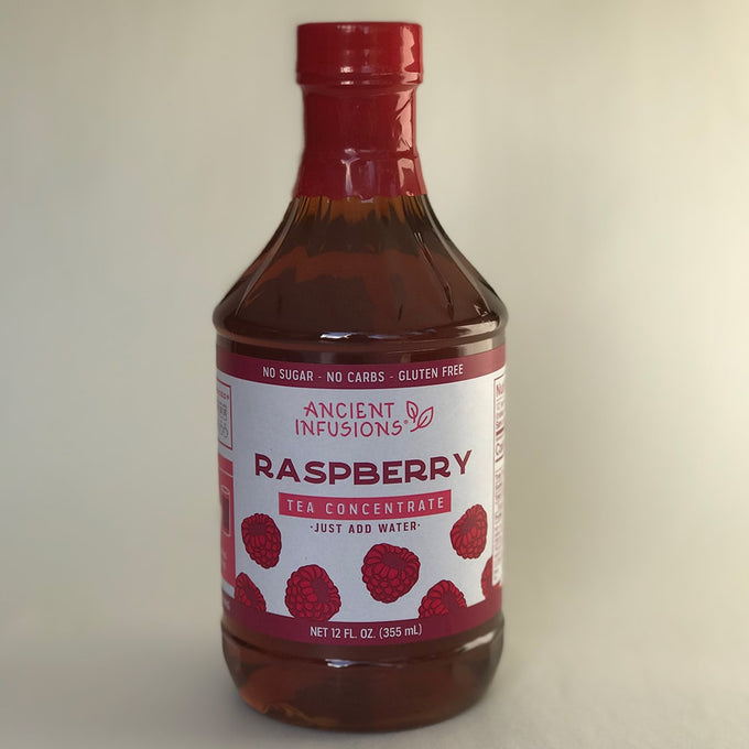 Bottle of handcrafted raspberry tea concentrate made in USA, naturally brewed with no sugar or carbs, perfect for Kitchen & Food, Beverages, Food, and Best Sellers collections.