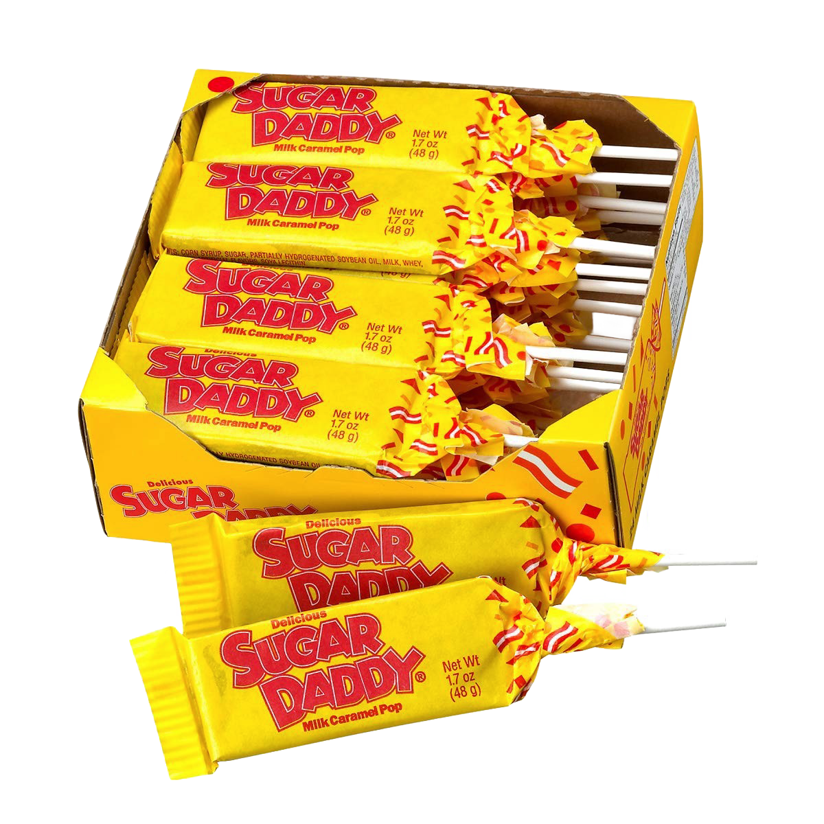 Box of classic yellow-wrapped milk caramel lollipops with visible red lettering, perfect for Kitchen & Food, Snacks and Sweets, Candy, USA Made, and Best Sellers collections.