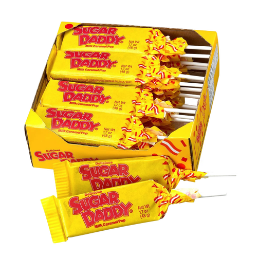 Box of classic yellow-wrapped milk caramel lollipops with visible red lettering, perfect for Kitchen & Food, Snacks and Sweets, Candy, USA Made, and Best Sellers collections.