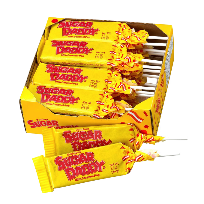 Box of classic yellow-wrapped milk caramel lollipops with visible red lettering, perfect for Kitchen & Food, Snacks and Sweets, Candy, USA Made, and Best Sellers collections.