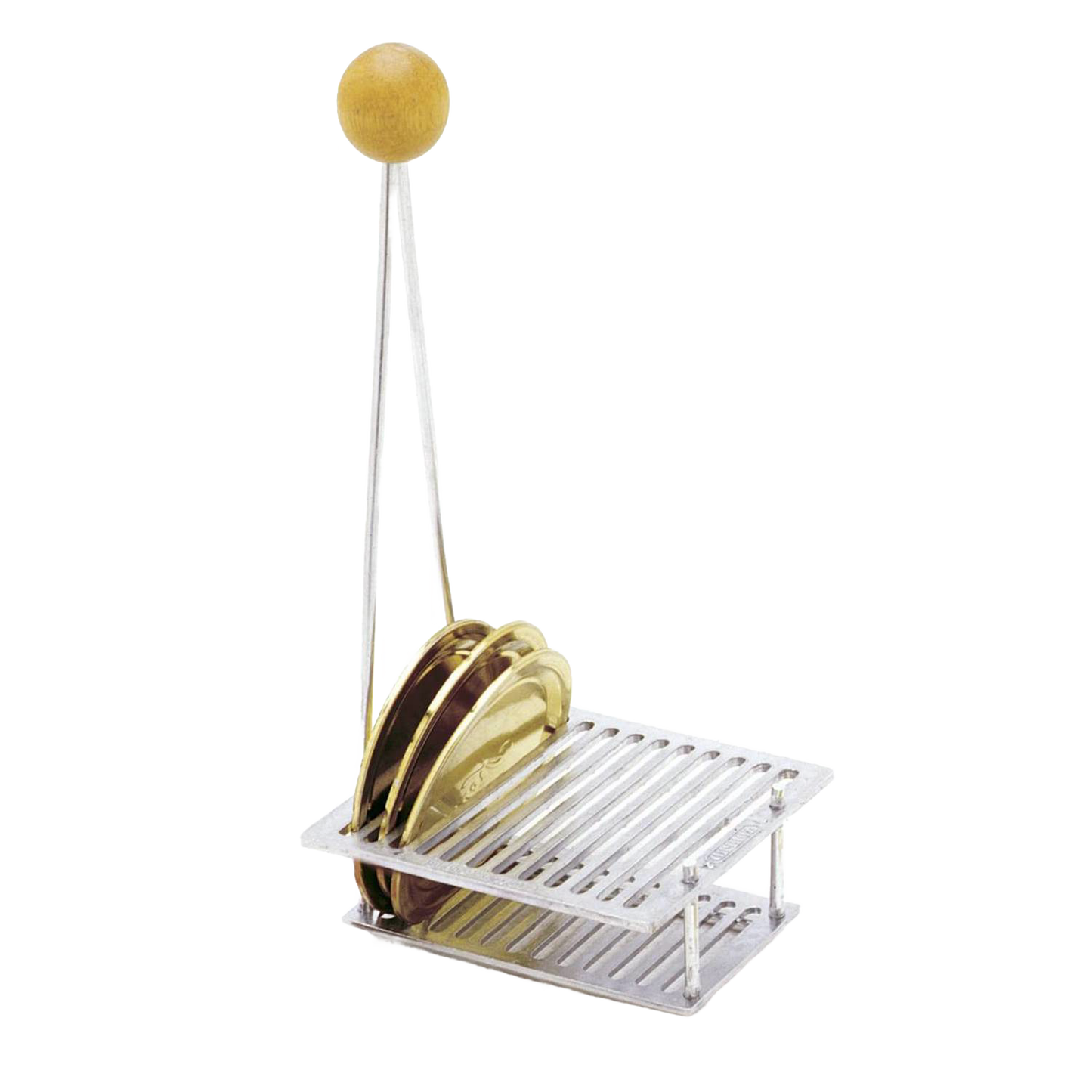 Handcrafted sterilizing rack with wooden knob handle and metal frame holding multiple canning lids upright in individual slots, ideal for farm, kitchen, and food preservation.