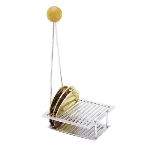 Handcrafted sterilizing rack with wooden knob handle and metal frame holding multiple canning lids upright in individual slots, ideal for farm, kitchen, and food preservation.