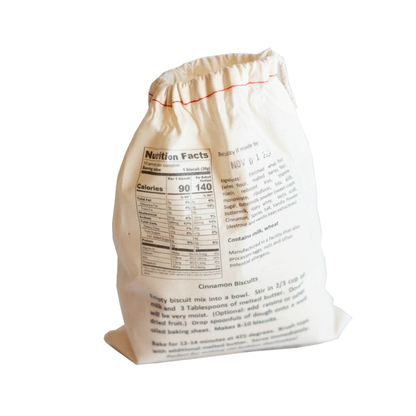 Handcrafted natural cotton sack containing Lehman's exclusive cinnamon biscuit mix with printed nutrition facts and baking instructions, ideal for Kitchen & Food, Pantry, Dry Goods, and Best Sellers collections.