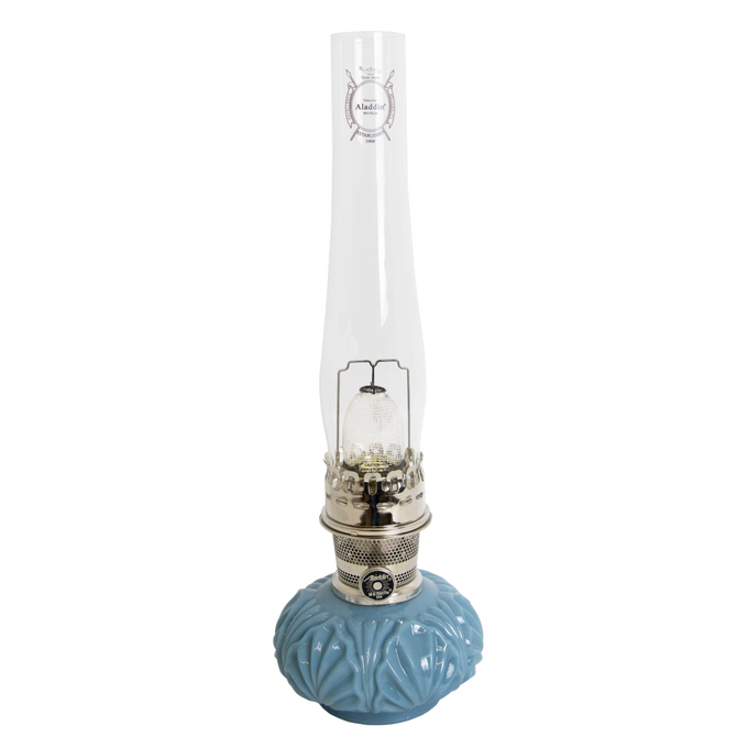 Handcrafted limited edition oil lamp with glossy Georgia Blue glass base and tall clear chimney, featured in Lamps & Lighting, Oil Lamps, Table Lamps, Best Sellers, and Promo Eligible collections.