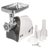 Heavy-duty electric meat grinder with stainless steel tray and multiple white plastic sausage stuffer attachments, featured in Kitchen & Food and Specialty Equipment collections.