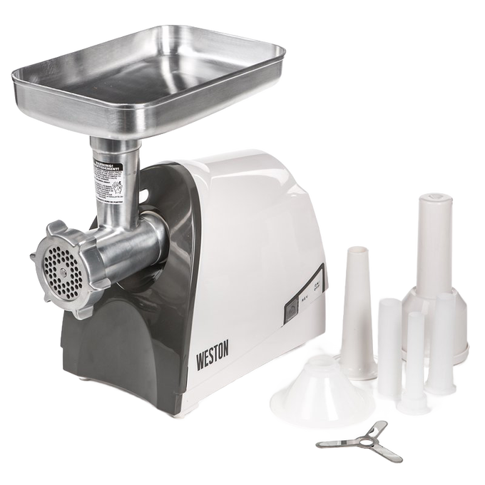 Heavy-duty electric meat grinder with stainless steel tray and multiple white plastic sausage stuffer attachments, featured in Kitchen & Food and Specialty Equipment collections.