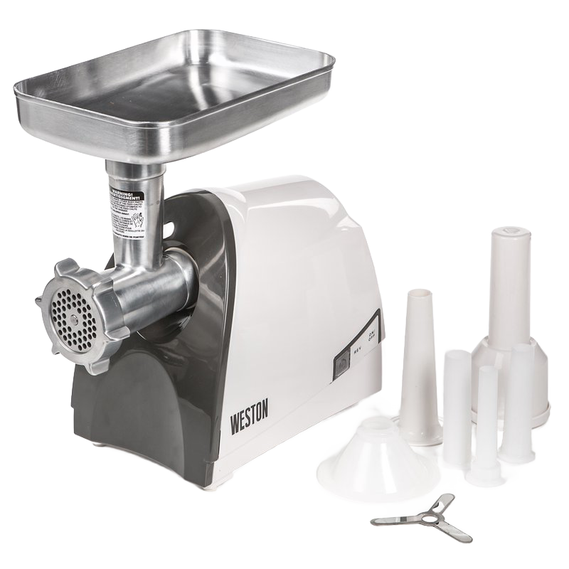 Heavy-duty electric meat grinder with stainless steel tray and multiple white plastic sausage stuffer attachments, featured in Kitchen & Food and Specialty Equipment collections.