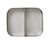 Rectangular stainless steel snack container with two separate compartments, designed for food storage and portion control, featured in Kitchen & Food and Storage and Serving collections.