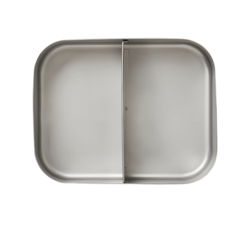 Rectangular stainless steel snack container with two separate compartments, designed for food storage and portion control, featured in Kitchen & Food and Storage and Serving collections.