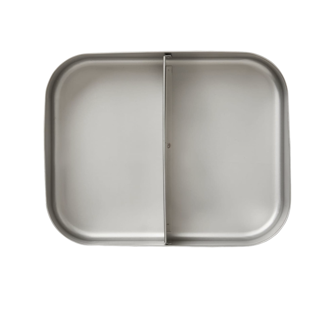 Rectangular stainless steel snack container with two separate compartments, designed for food storage and portion control, featured in Kitchen & Food and Storage and Serving collections.