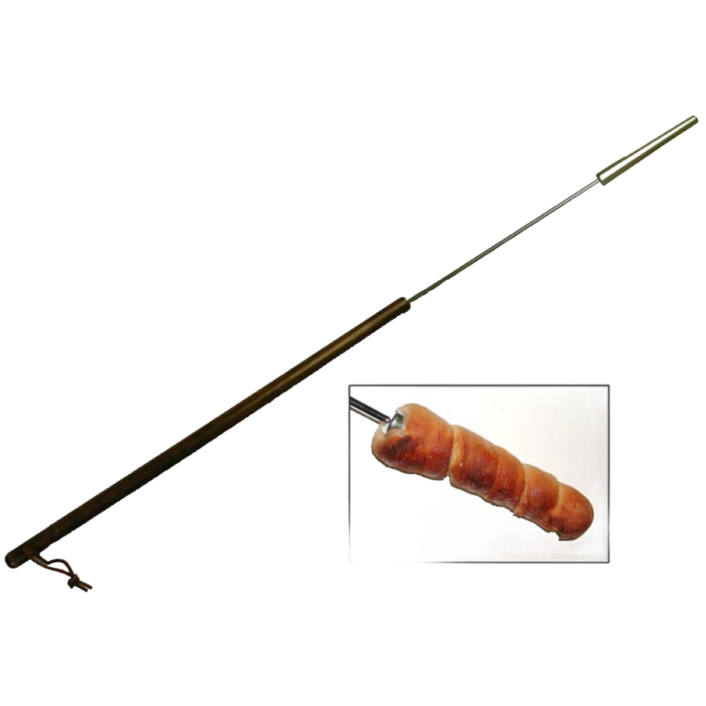 Long metal stick with a wooden handle and pointed end for curling dough around, shown with buttermilk biscuit cooked over campfire, ideal for camping and farm tool use.