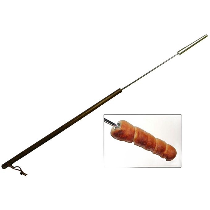 Long metal stick with a wooden handle and pointed end for curling dough around, shown with buttermilk biscuit cooked over campfire, ideal for camping and farm tool use.