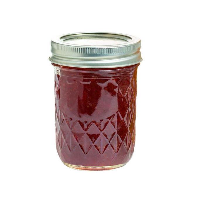 Handcrafted regular-mouth quilted glass jar filled with red homemade jelly, ideal for food preservation and canning, featured in Kitchen & Food and USA Made collections.