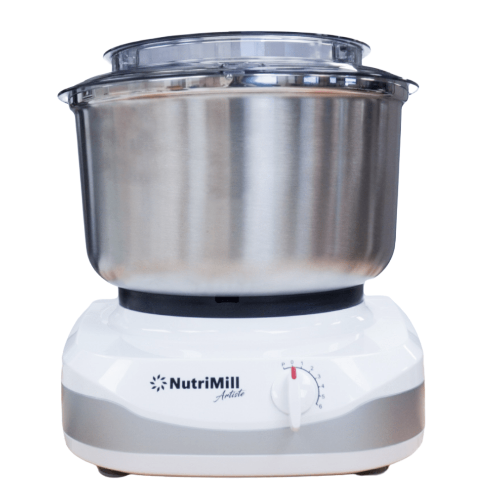 Stainless steel mixing bowl with splash ring and lid attached to a white NutriMill mixer base, ideal for baking and cooking in Kitchen & Food and Kitchen Gadgets collections.