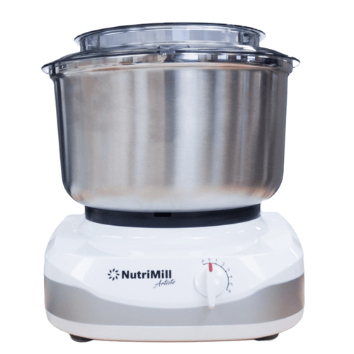 Stainless steel mixing bowl with splash ring and lid attached to a white NutriMill mixer base, ideal for baking and cooking in Kitchen & Food and Kitchen Gadgets collections.