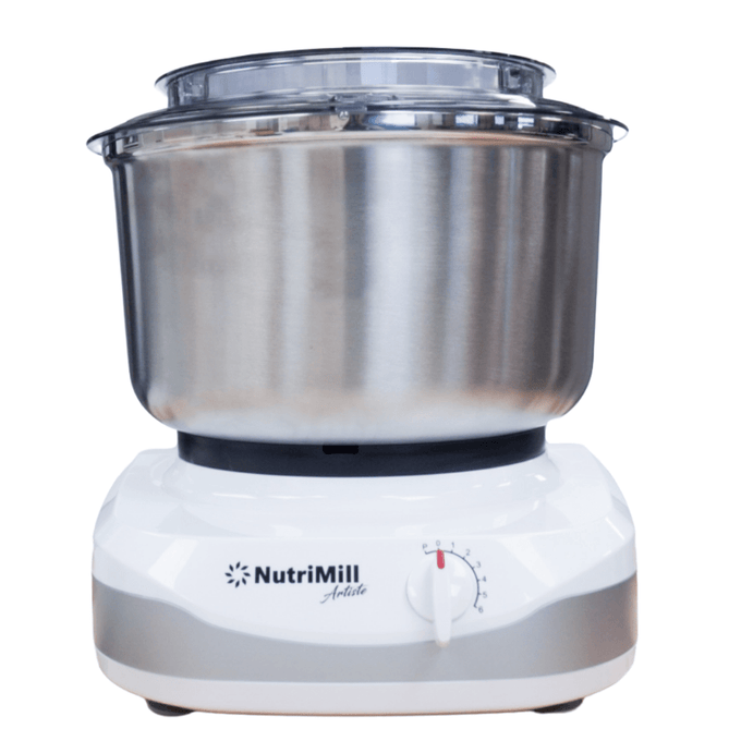 Stainless steel mixing bowl with splash ring and lid attached to a white NutriMill mixer base, ideal for baking and cooking in Kitchen & Food and Kitchen Gadgets collections.
