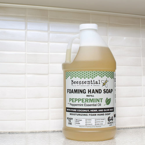 Handcrafted 64-ounce foaming hand soap refill infused with peppermint essential oil, made with pure coconut, hemp, and olive oils, featured in Health & Wellness, Grooming and Personal Hygiene, Soaps and Soapmaking, Soaps, USA Made, Best Sellers, and Promo Eligible collections.