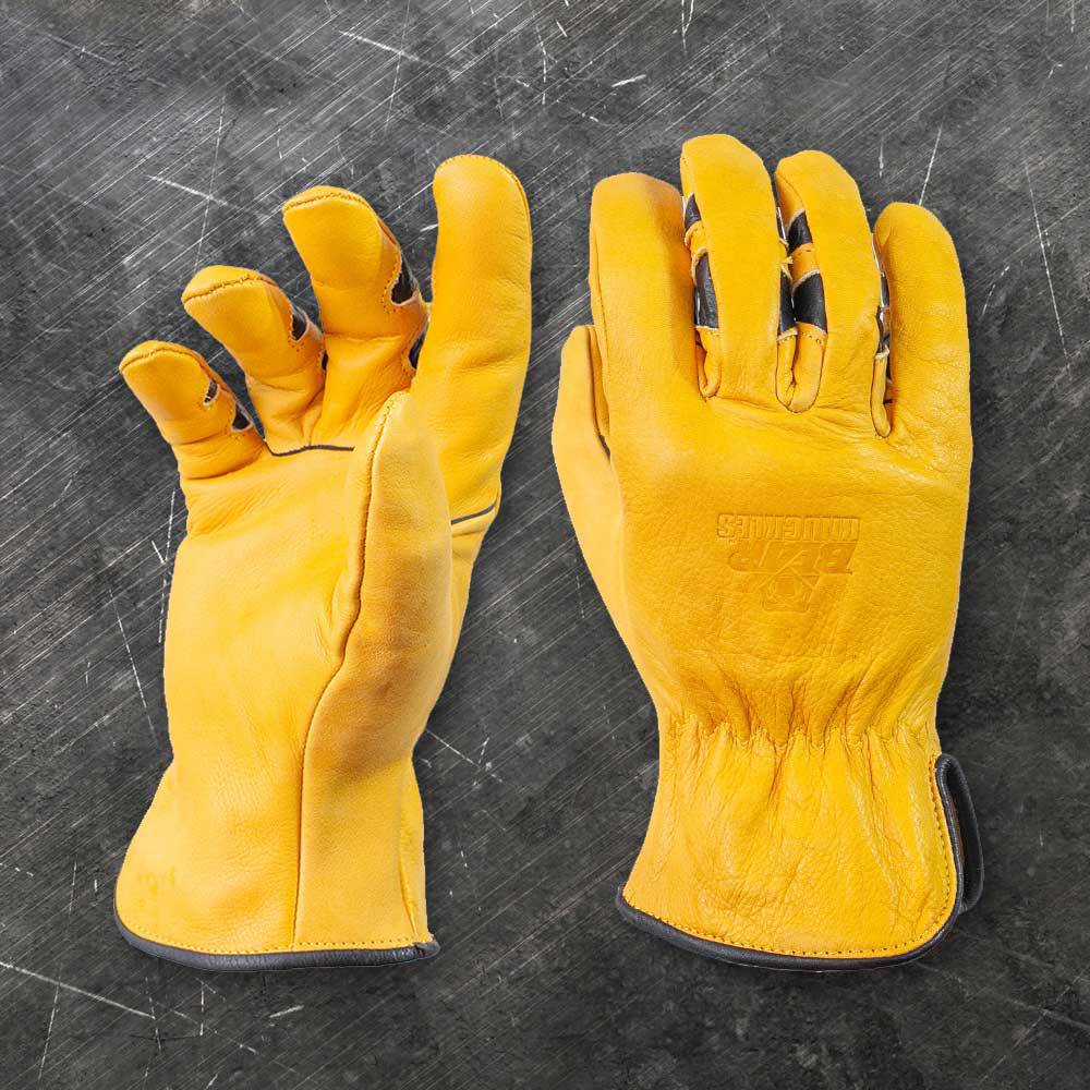 Ergonomically designed yellow cowhide driver gloves with patented double wedge curved fingers, thick durable leather, and reinforced seams, suited for Health & Wellness, Farm, Garden & Tool, and Hand Tools and Hardware collections.