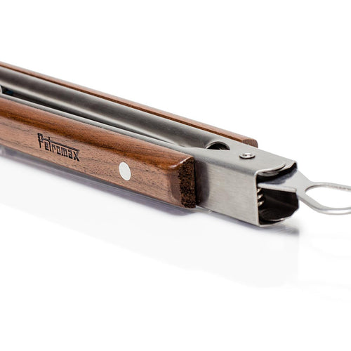 Close-up of handcrafted BBQ and coal tongs featuring brushed stainless steel tips and polished wooden handles with a practical locking mechanism, ideal for grilling and outdoor cooking in Farm, Garden & Tool and Camping collections.