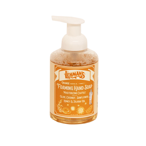 Clear pump bottle of Lehman's handcrafted moisturizing foaming hand soap with natural castile formula including olive, coconut, sunflower oils, honey, and jojoba for Health & Wellness and Grooming collections, made in USA.
