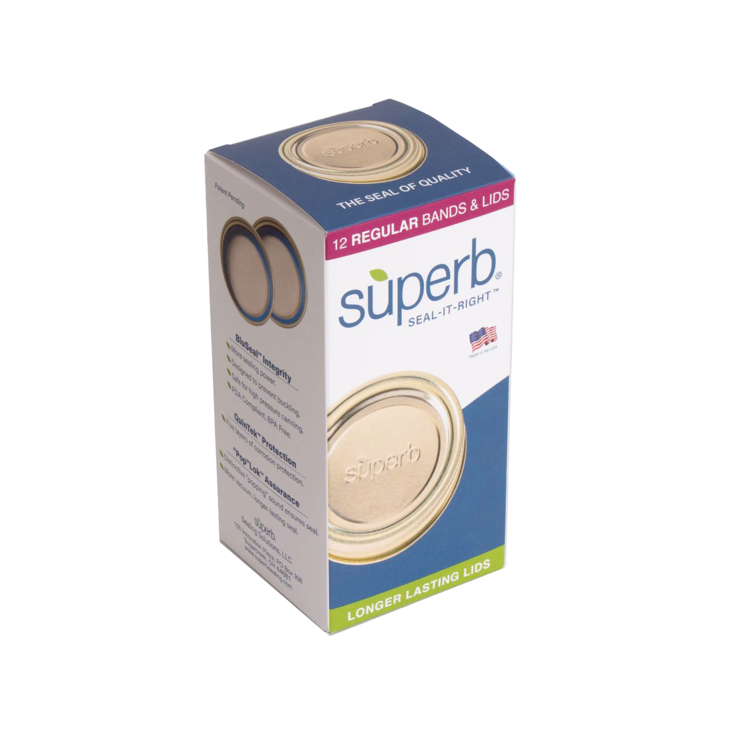 Box of twelve regular mouth canning jar lids and bands featuring BluSeal™ technology for durable sealing, made in USA, ideal for kitchen, food preservation, and canning collections.
