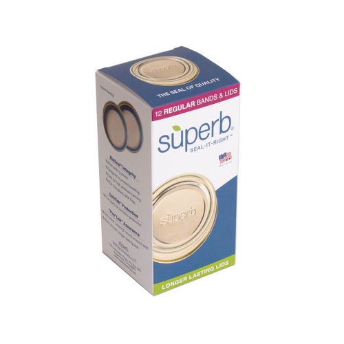 Box of twelve regular mouth canning jar lids and bands featuring BluSeal™ technology for durable sealing, made in USA, ideal for kitchen, food preservation, and canning collections.