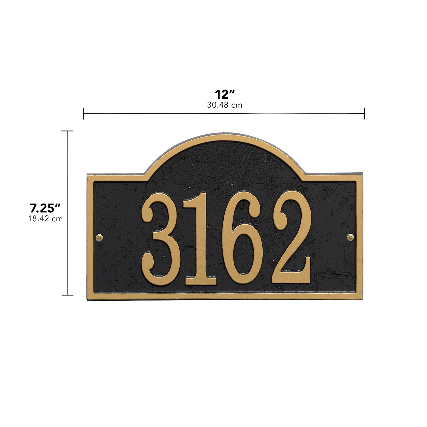 Handcrafted black and gold arched rectangle address plaque with raised numbers, designed to enhance curb appeal in Home & Decor, Household Helpers, Mailboxes and Address Signs, and USA Made collections.